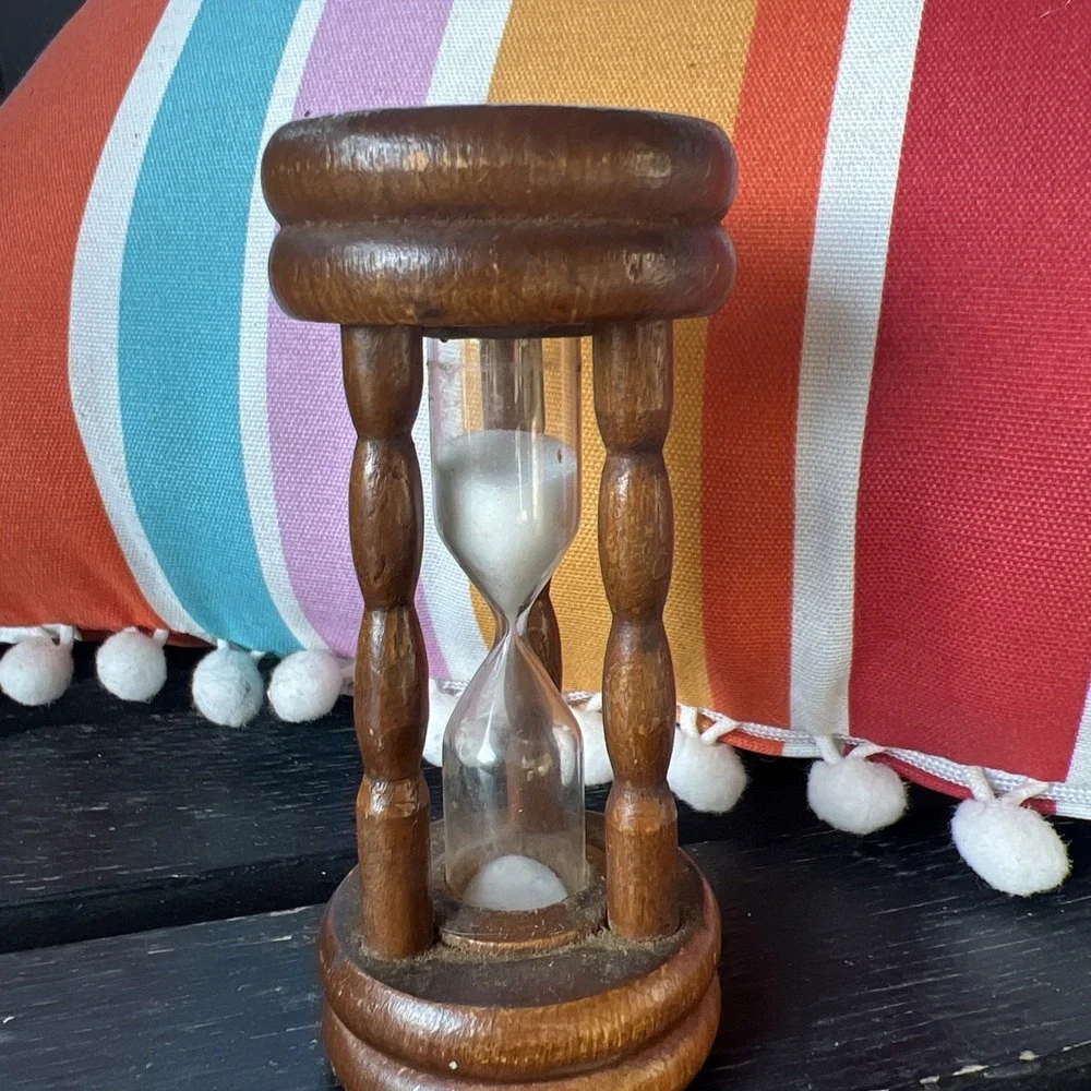 Vtg Wooden Hourglass Glass 3 Minute Egg Kitchen Timer Bright White Sand‎ 4